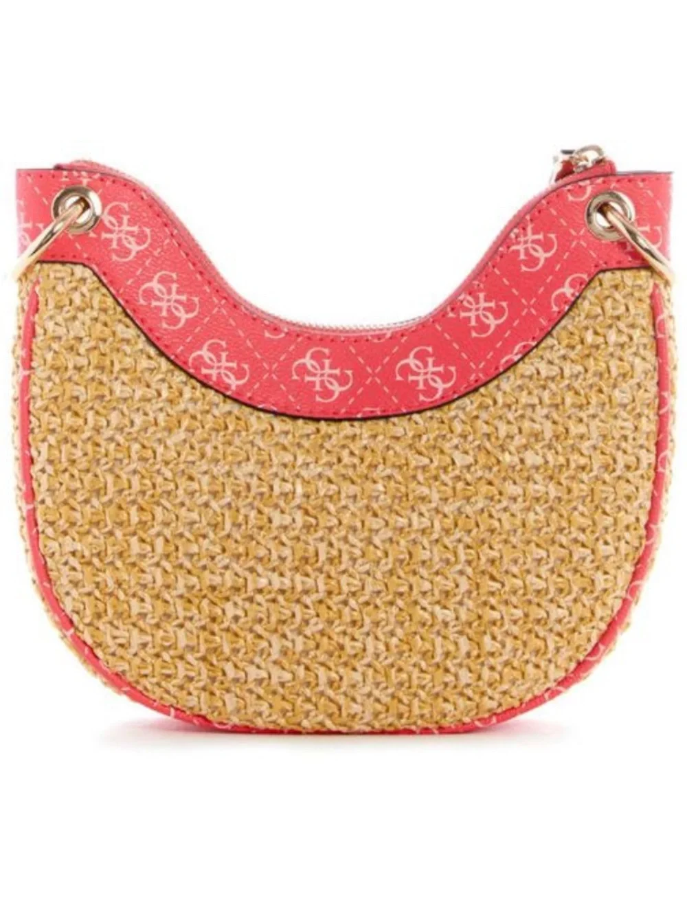 GUESS Coral and Tan Woven Shoulder Bag with Chain Strap - Picture 2 of 4